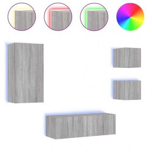 Tv-møbel til væg LED-lys 4 dele grå sonoma-eg