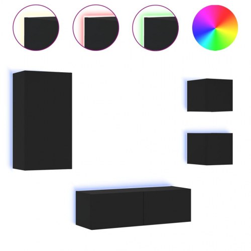 Tv-møbel til væg med LED-lys 4 dele sort