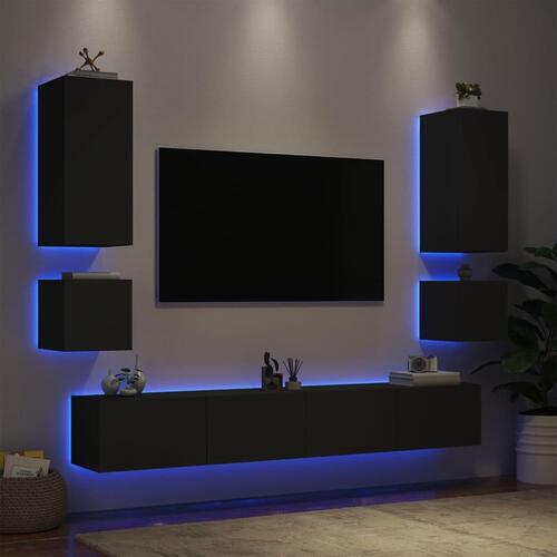 Væghængt tv-møbel 6 dele med LED-lys sort