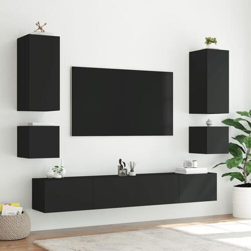 Væghængt tv-møbel 6 dele med LED-lys sort