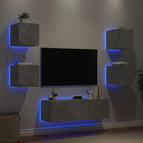Væghængt tv-møbel 5 dele med LED-lys betongrå