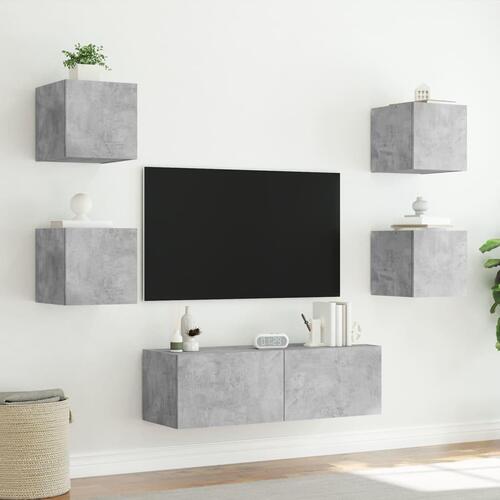Væghængt tv-møbel 5 dele med LED-lys betongrå