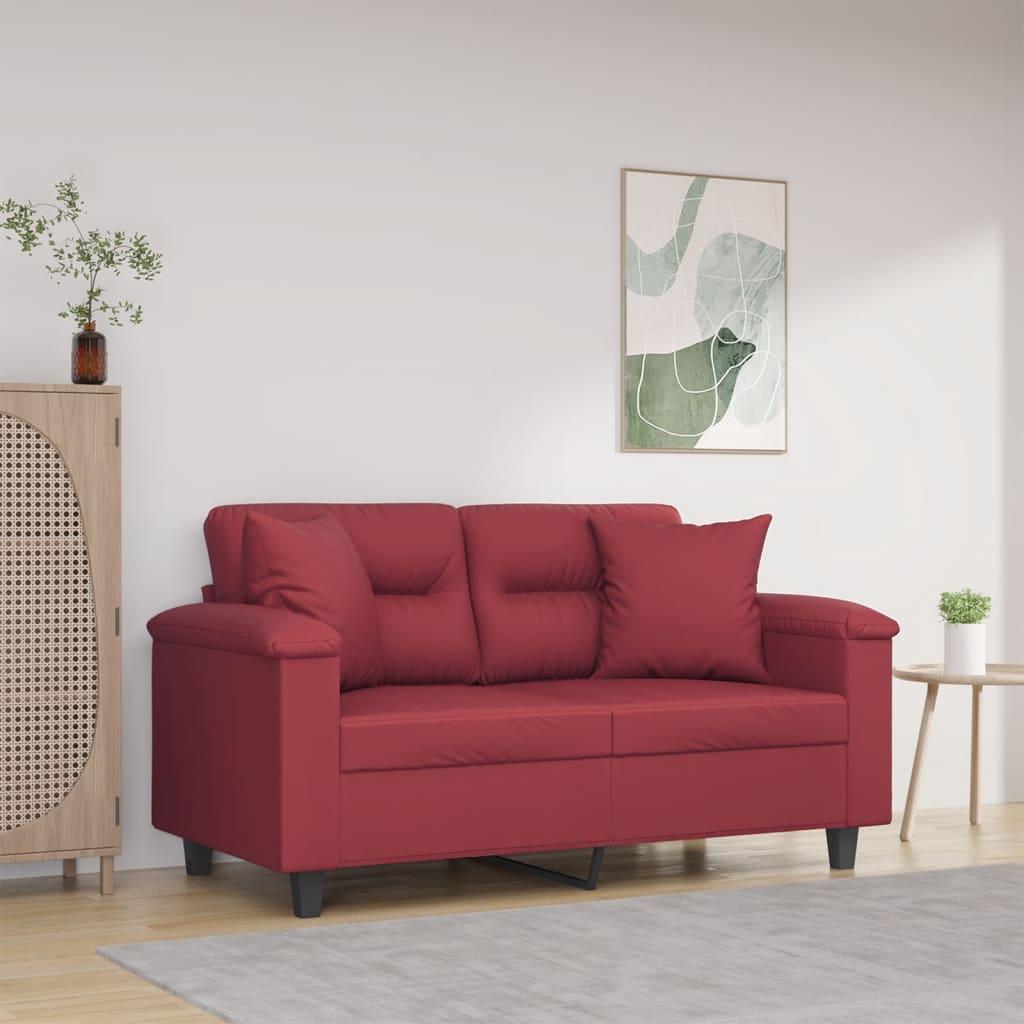 2-Personers Sofa Med Pyntepuder Kunstlæder - 120 cm / Vinrød