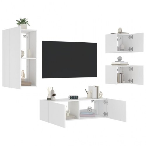 Væghængt tv-møbel med RGB LED-lys - 4 dele, konstrueret træ, hvid