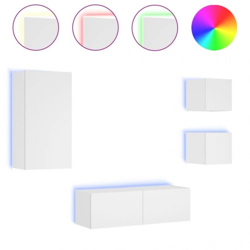 Væghængt tv-møbel med RGB LED-lys - 4 dele, konstrueret træ, hvid