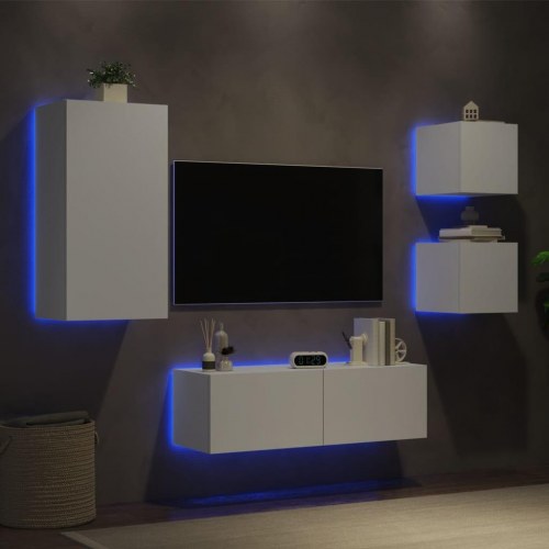 Væghængt tv-møbel med RGB LED-lys - 4 dele, konstrueret træ, hvid