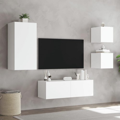 Væghængt tv-møbel med RGB LED-lys - 4 dele, konstrueret træ, hvid