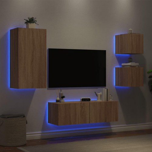 Væghængt tv-møbel med LED-lys - 4 dele, grå sonoma-eg