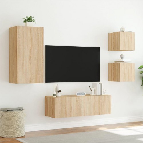 Væghængt tv-møbel med LED-lys - 4 dele, grå sonoma-eg
