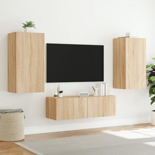 Væghængt tv-møbel 3 dele med LED-lys sonoma-eg
