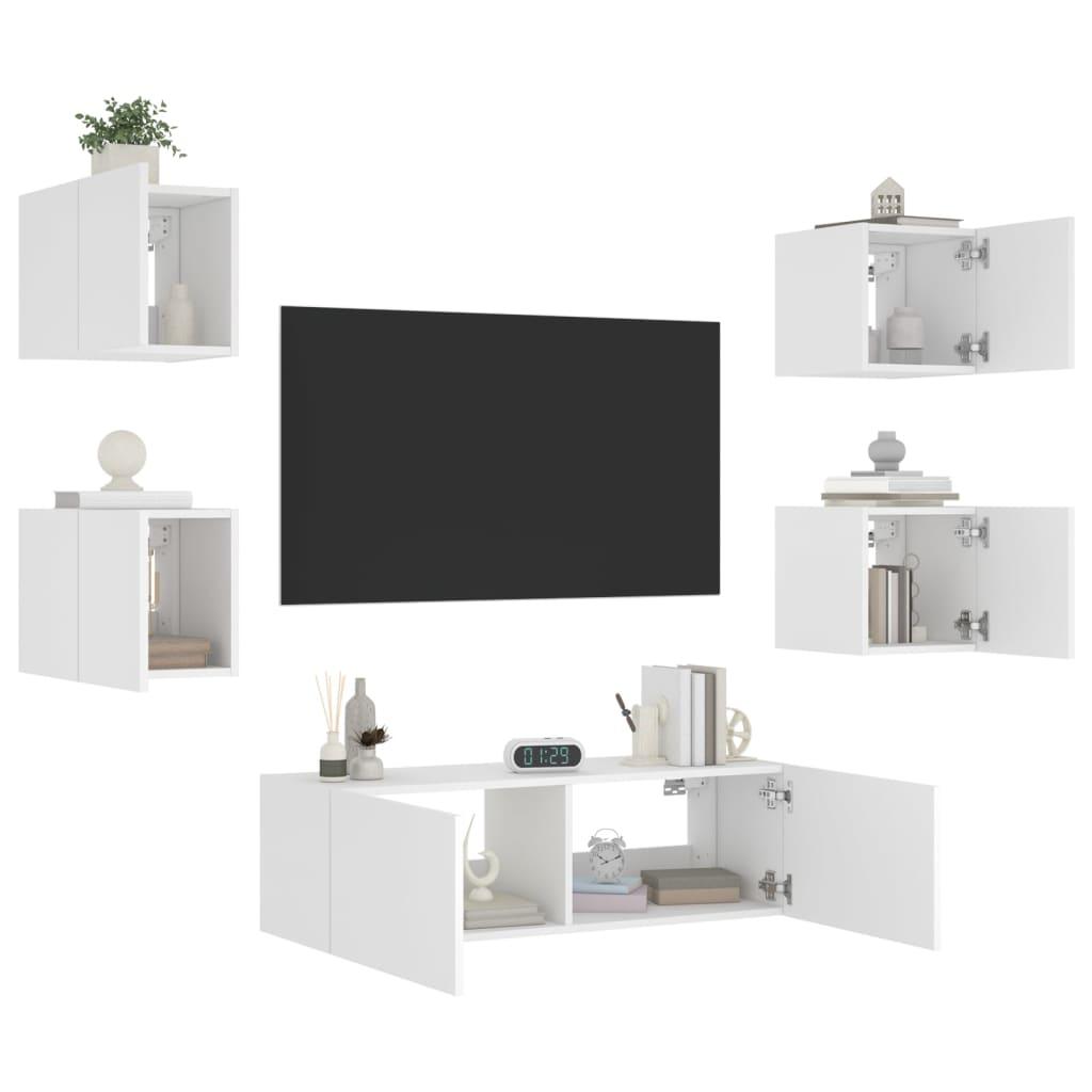Væghængt tv-møbel 5 dele med LED-lys hvid