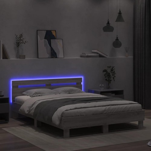 Sengeramme med sengegavl og LED-lys 140x200 cm - grå sonoma-eg