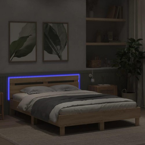 Sengeramme med sengegavl og LED-lys 140x200 cm - sonoma-eg