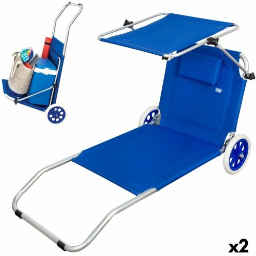 Aktive sammenklappelig loungestol med markise og hjul - Blå, 62 × 62 × 117 cm (2 stk.)