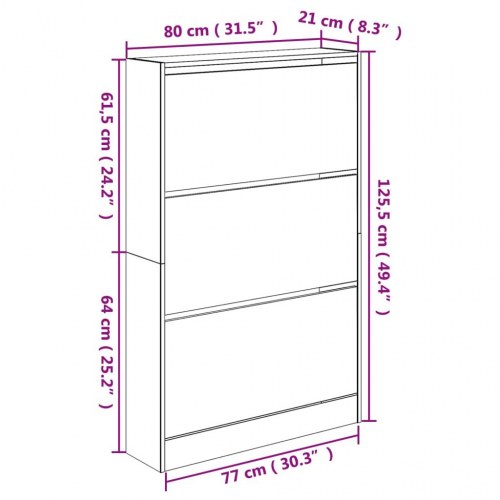 Skoskab med 3 vippeskuffer 80 x 21 x 125,5 cm - røget egetræsfarve