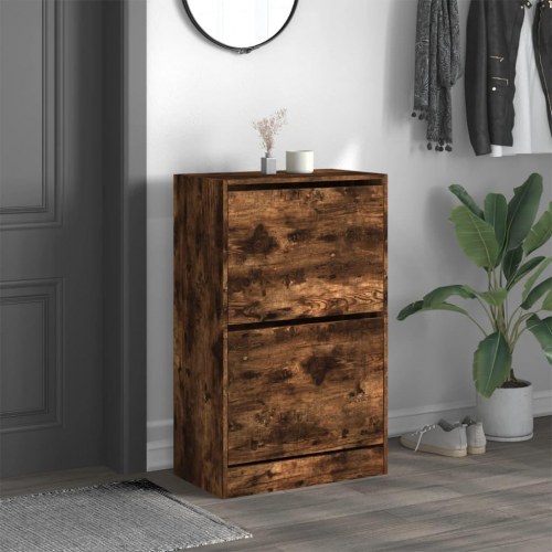 Skoskab med 2 vippeskuffer - røget egetræ, 60 x 34 x 96,5 cm
