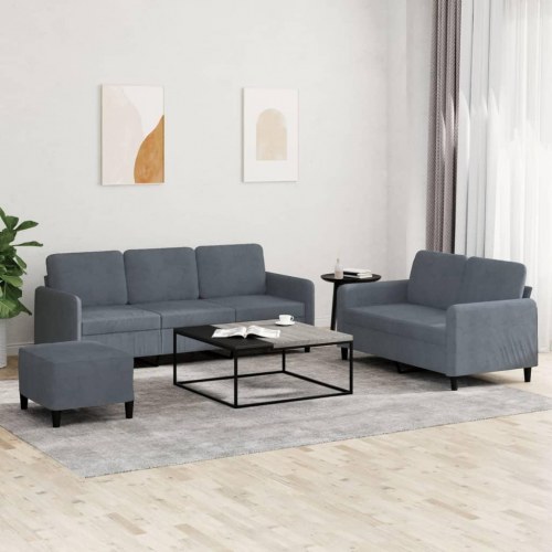 Sofasæt i velour - 3 dele, mørkegrå (2- og 3-personers + fodskammel)