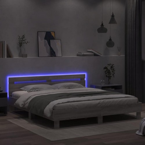 Sengeramme med sengegavl og LED-lys 160x200 cm - grå sonoma-eg