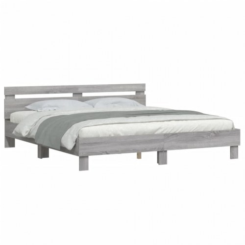 Sengeramme med sengegavl og LED-lys 160x200 cm - grå sonoma-eg