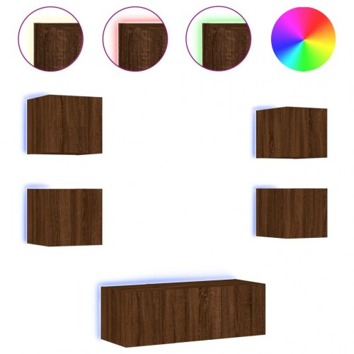 Tv-møbel til væg 6 dele med LED-lys konstrueret træ brunt eg