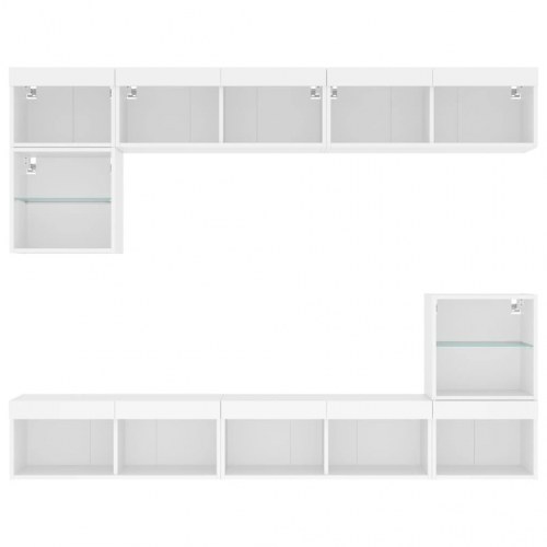 Tv-møbel til væg 8 dele med LED-lys konstrueret træ hvid