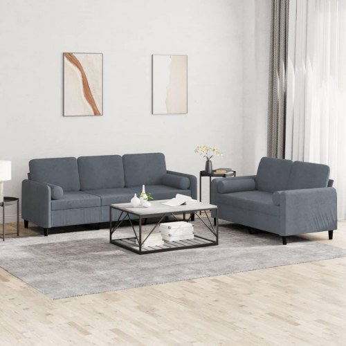 Sofasæt i velour, 2 dele med puder - mørkegrå