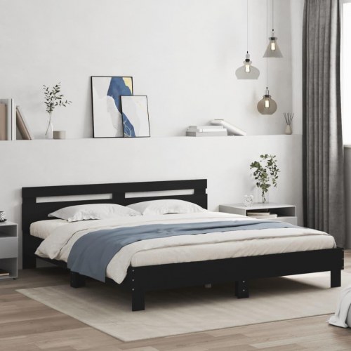 Sengeramme med sengegavl og LED-lys 200x200 cm - sort