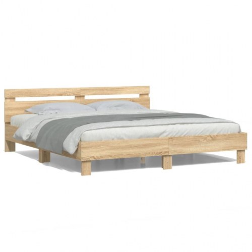 Sengeramme med sengegavl og LED-lys 180x200 cm - sonoma-eg