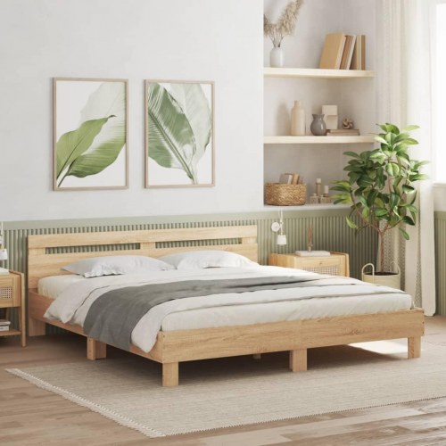 Sengeramme med sengegavl og LED-lys 180x200 cm - sonoma-eg