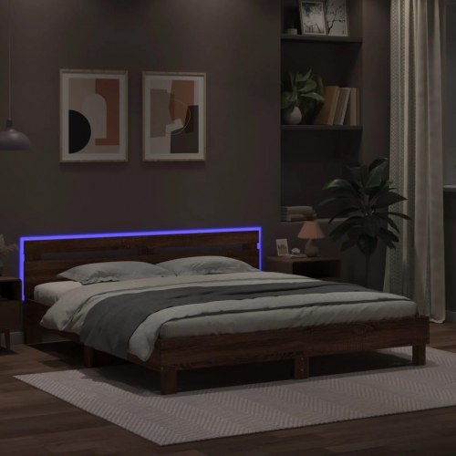 Sengeramme med sengegavl og RGB LED-lys 180x200 cm - brunt egetræ