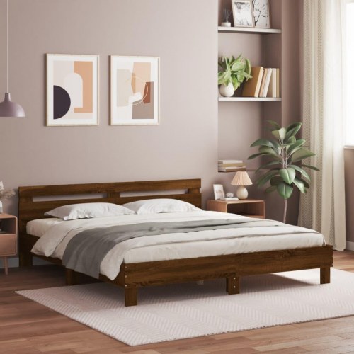 Sengeramme med sengegavl og LED-lys 200x200 cm - brunt egetræ