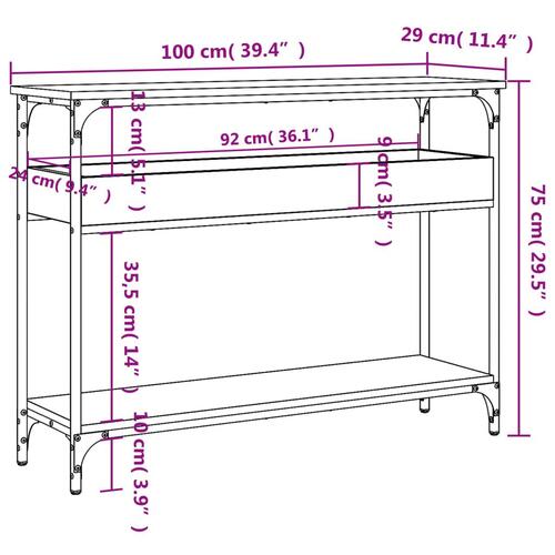 Konsolbord med hylde 100x29x75 cm konstrueret træ røget eg