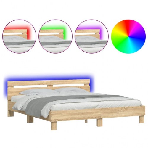 Sengeramme med sengegavl og LED-lys 200x200 cm - sonoma-eg