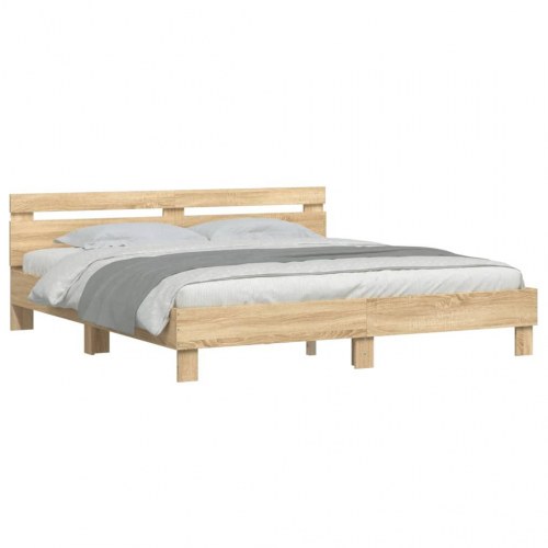 Sengeramme med sengegavl og LED-lys 200x200 cm - sonoma-eg