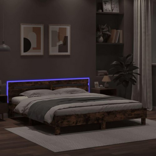Sengeramme med sengegavl og RGB LED-lys 200x200 cm - røget egetræ