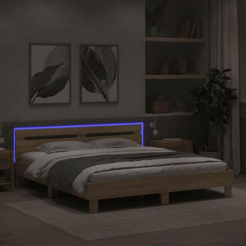 Sengeramme med sengegavl og LED-lys 160x200 cm sonoma-eg