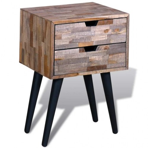 Sengebord med 2 skuffer i genbrugsteaktræ - 42 × 31 × 60 cm