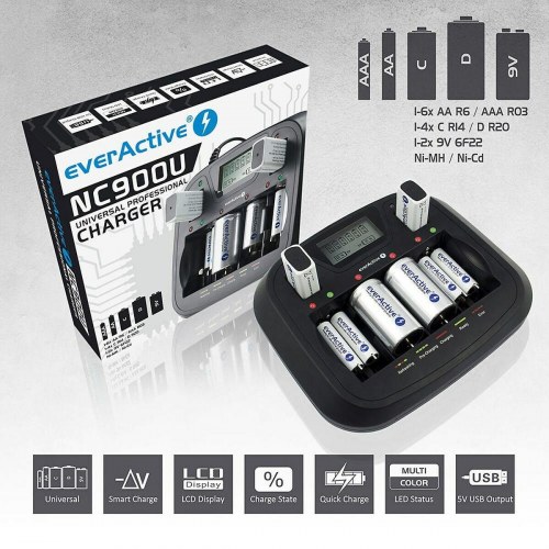EverActive NC-900U batterioplader med display (AA/AAA/C/D/9V)