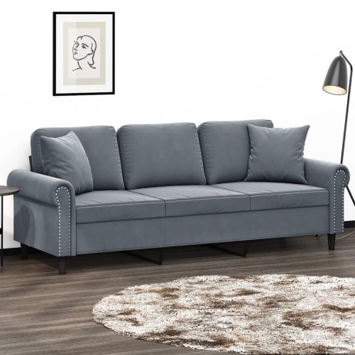 3-personers sofa i velour med pyntepuder - mørkegrå, sædebredde 180 cm