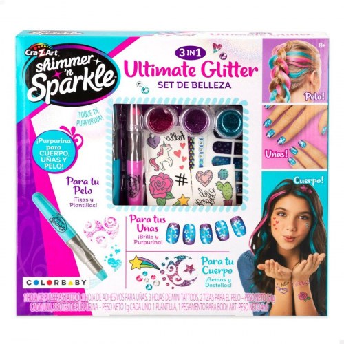 Cra-Z-Art Shimmer n’ Sparkle Ultimate Glitter - skønhedssæt til børn, negle/hår/krop, 4 enheder