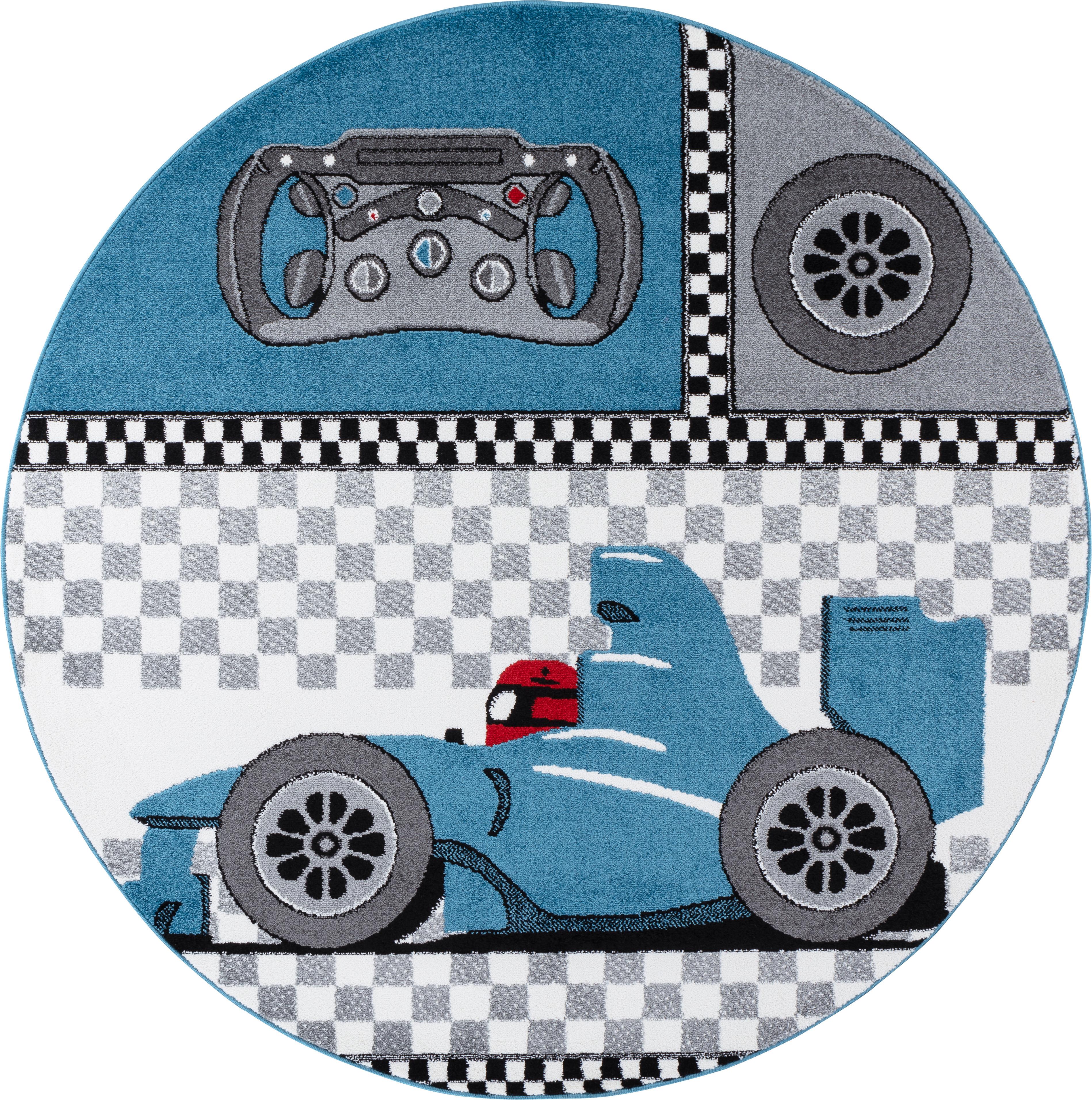Kids Rund Børnetæppe Racerbil - Blå - 120x120 (Rund)