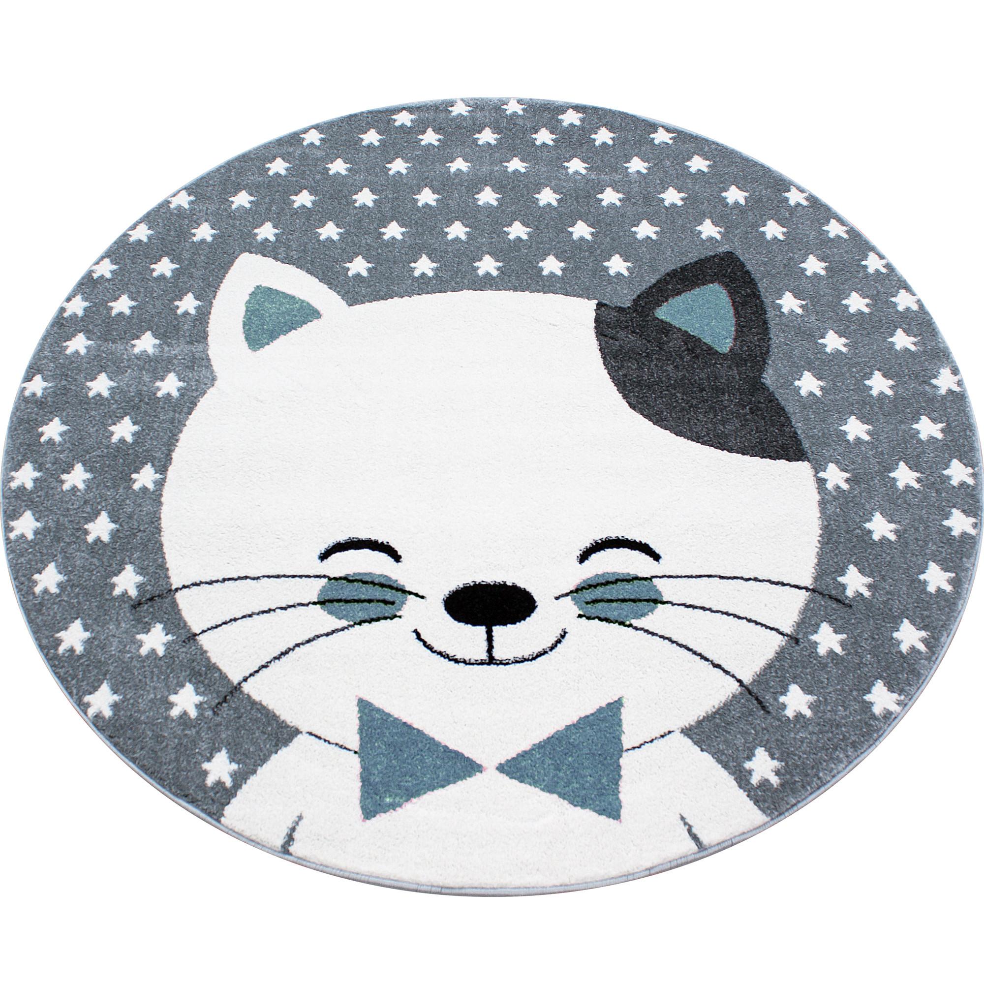 Kids Rund Børnetæppe Kat - Blå - 160x160 (Rund)