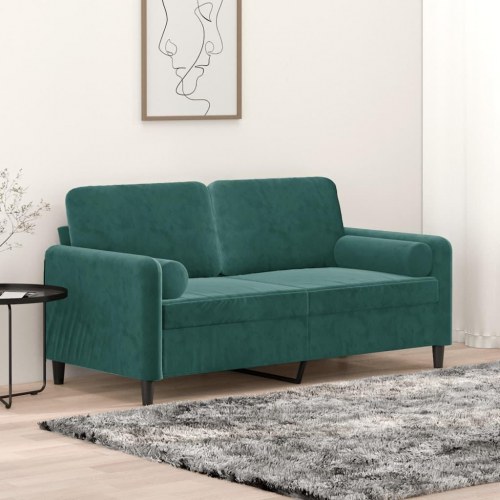 2-personers sofa i velour med pyntepuder, 140 cm - mørkegrøn