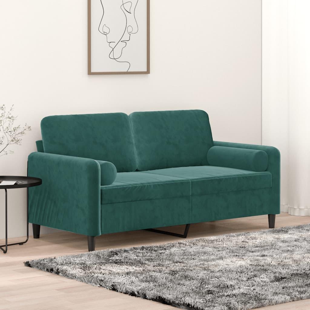 2-personers sofa med pyntepuder 140 cm velour mørkegrøn billede