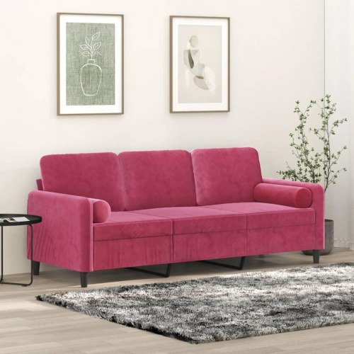 3-personers sofa i velour med pyntepuder - vinrød, 198 cm