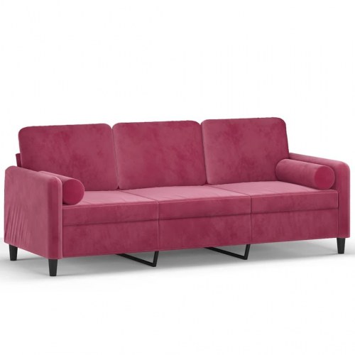 3-personers sofa i velour med pyntepuder - vinrød, 198 cm