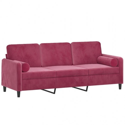 3-personers sofa i velour med pyntepuder - vinrød, 198 cm