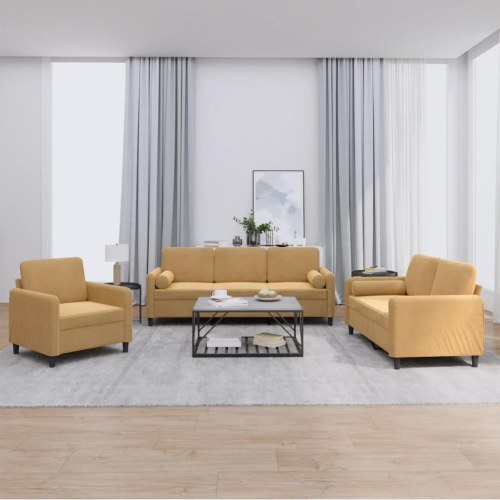 Sofasæt i velour - 3 dele med puder, brun