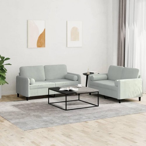 Sofasæt i velour - 2-pers. sofaer med puder, lysegrå (2 dele)