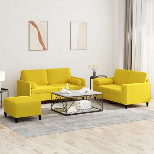 Sofasæt i velour - 3 dele med puder og fodskammel, gul